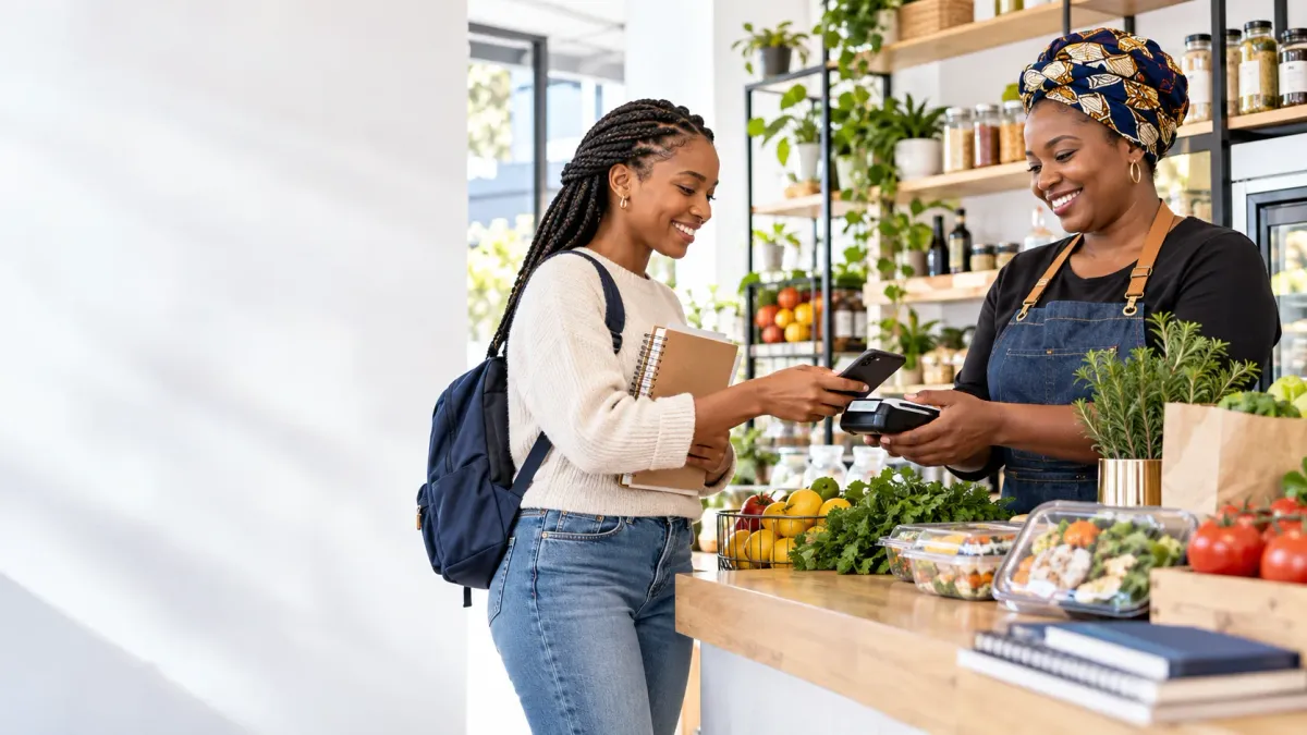 South African learner and local merchant reviewing a purchase